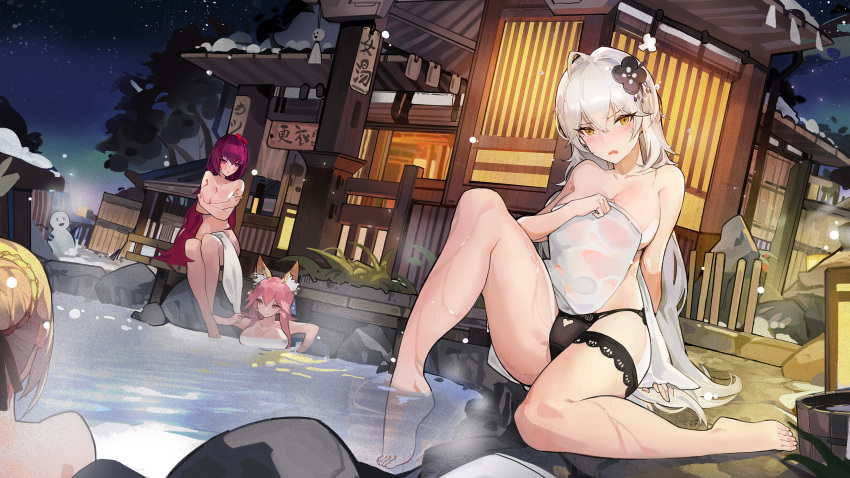 ahoge animal_ear_fluff animal_ears architecture bangs bare_shoulders barefoot black_panties blonde_hair blush braid braided_bun breasts chinese_commentary cleavage collarbone commentary_request covering covering_breasts east_asian_architecture embarrassed eyebrows_visible_through_hair fate/grand_order fate_(series) flower fox_ears hair_between_eyes hair_flower hair_ornament heart heart_panties heart_print highres jeanne_d'arc_(alter)_(fate) jeanne_d'arc_(fate)_(all) lantern large_breasts leg_garter lingerie long_hair looking_at_viewer naked_towel nero_claudius_(fate) nero_claudius_(fate)_(all) night onsen open_mouth outdoors panties pink_hair plumw print_panties purple_hair red_eyes scathach_(fate)_(all) scathach_(fate/grand_order) silver_hair sitting snow snowman tamamo_(fate)_(all) tamamo_no_mae_(fate) teruterubouzu thighs towel underwear very_long_hair yellow_eyes