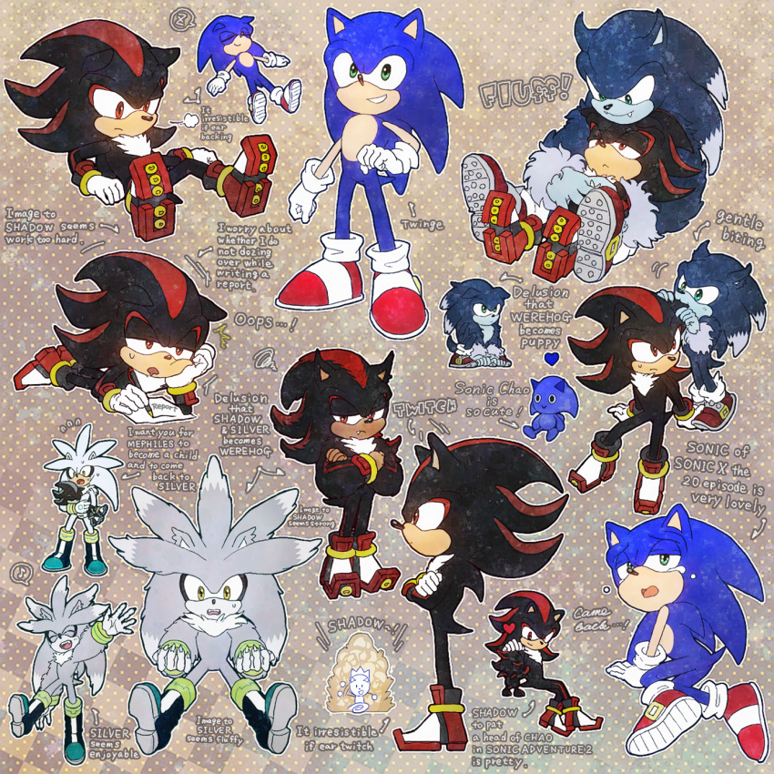 1:1 alternate_species ambiguous_gender anthro bite black_body black_fur blue_body blue_fur bodily_fluids breath chao_(sonic) character_chao claws clothing ear_bite english_text eulipotyphlan fluffy footwear fur gloves green_eyes group handwear hedgehog hi_res holding_character huff lying male mammal mephiles_the_dark nogiho on_back red_body red_eyes red_fur shadow_chao shadow_the_hedgehog shadow_the_werehog shoes silver_the_hedgehog sonic_chao sonic_the_hedgehog sonic_the_hedgehog_(series) standing surprise tears text were wereeulipotyphlan werehog white_body white_fur writing_text yellow_eyes