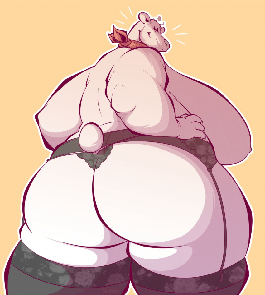 anthro bernice_(seldom) big_breasts big_butt breasts butt clothing female fur hi_res huge_breasts huge_butt legwear mammal obese obese_female overweight overweight_female polar_bear seldom solo squish thick_thighs thigh_highs thigh_squish ursid ursine