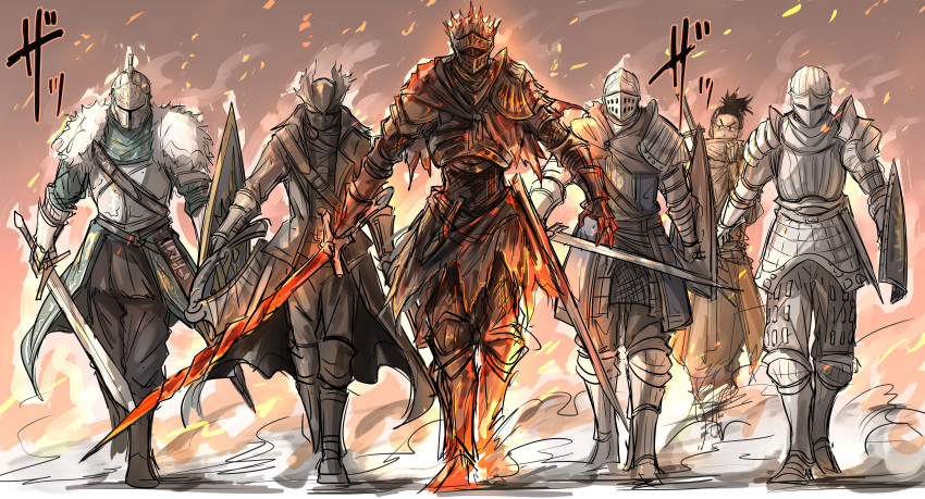 absurdres armor bearer_of_the_curse bloodborne burning chosen_undead commentary dark_souls dark_souls_ii dark_souls_iii demon's_souls full_armor fur_collar hat helmet highres hunter_(bloodborne) kan_(aaaaari35) knight long_coat saw_cleaver sekiro sekiro:_shadows_die_twice shield slayer_of_demons soul_of_cinder souls_(from_software) sword walking weapon