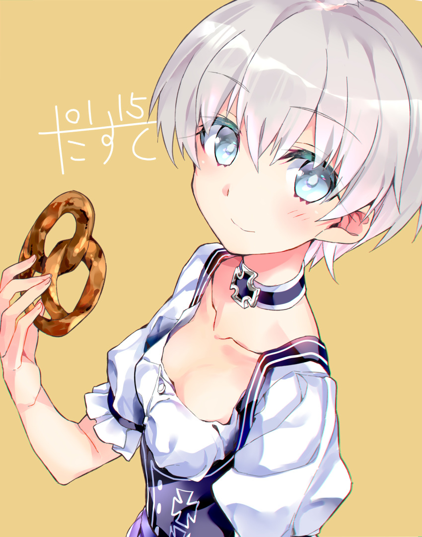 1girl absurdres alternate_costume artist_logo blue_eyes choker collarbone cross dated dirndl flat_chest food german_clothes highres kantai_collection looking_at_viewer narumiya_(empty_cafe) pretzel short_hair silver_hair simple_background solo upper_body yellow_background z1_leberecht_maass_(kantai_collection)