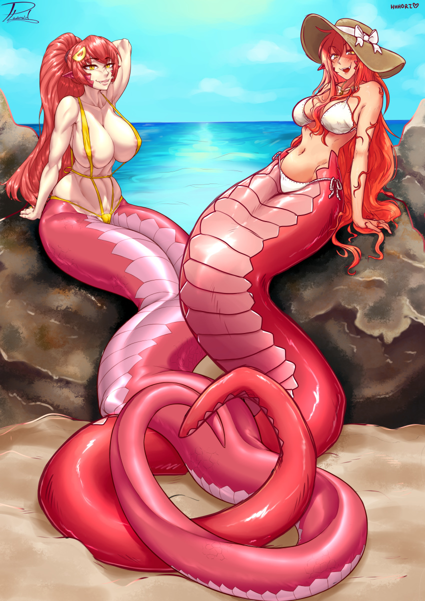 absurd_res areola areola_slip beach big_breasts bikini breasts clone clothing duo hat headgear headwear hhhori hi_res lamia miia_(monster_musume) monster_girl_(genre) monster_musume plasmidhentai pose reptile scalie seaside serpentine sling_bikini snake swimwear