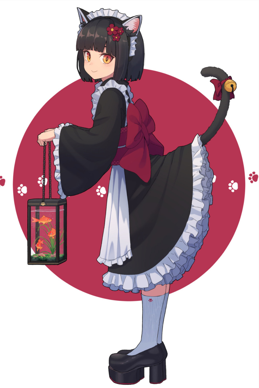 1girl absurdres animal_ears apron bangs bell black_dress black_footwear black_hair cat_ears cat_girl cat_tail closed_mouth commentary dress fish flower frilled_dress frills full_body hair_flower hair_ornament highres jingle_bell long_sleeves looking_at_viewer maid maid_dress maid_headdress original revision short_hair solo standing tail tail_lift white_apron white_legwear wide_sleeves wozora yellow_eyes