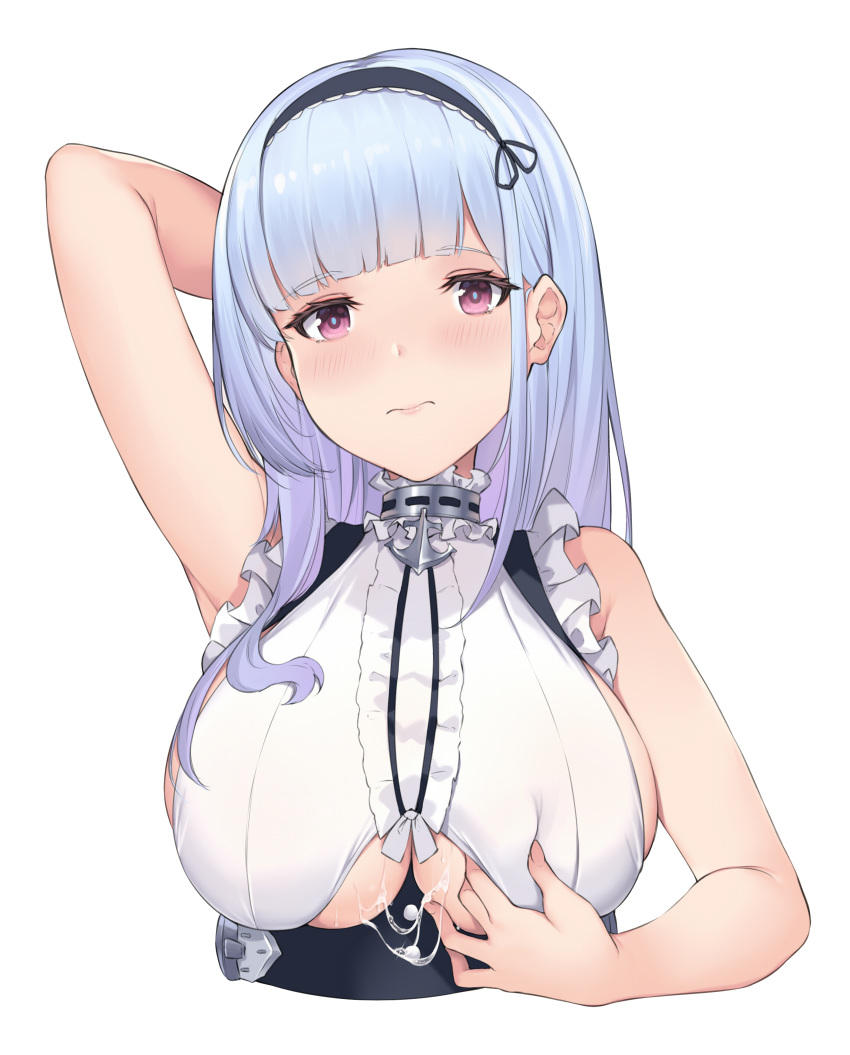 1girl 3: absurdres after_paizuri arm_behind_head arm_up armpits azur_lane bangs bare_shoulders black_hairband blunt_bangs blush breasts center_frills cropped_torso cum cum_on_body cum_on_breasts cum_on_upper_body dido_(azur_lane) eyebrows_visible_through_hair frown hairband highres large_breasts long_hair looking_at_viewer pak_ce purple_eyes shirt silver_hair simple_background sleeveless sleeveless_shirt solo underboob underboob_cutout upper_body white_background white_shirt