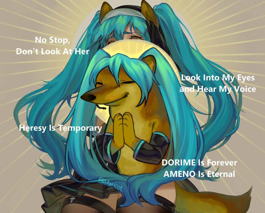 alternate_species blue_hair bsapricot doge female hair hatsune_miku hi_res humor looking_at_viewer meme nun praying vocaloid