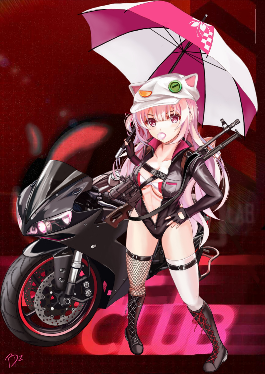 1girl boots brz girls_frontline ground_vehicle highres long_hair motor_vehicle motorcycle pink_eyes pink_hair race_queen thigh_boots thighhighs ukm-2000