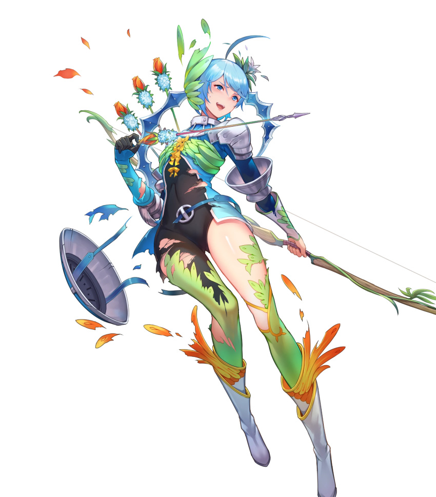 1girl ahoge armor arrow blue_eyes blue_hair boots bow bow_(weapon) bowtie earrings feathers fire_emblem fire_emblem_heroes flower full_body gen'ei_ibunroku_sharp_fe gloves hair_ornament highres jewelry kakage leaf official_art open_mouth quiver solo teeth thighhighs torn_clothes transparent_background weapon yumizuru_eleanora