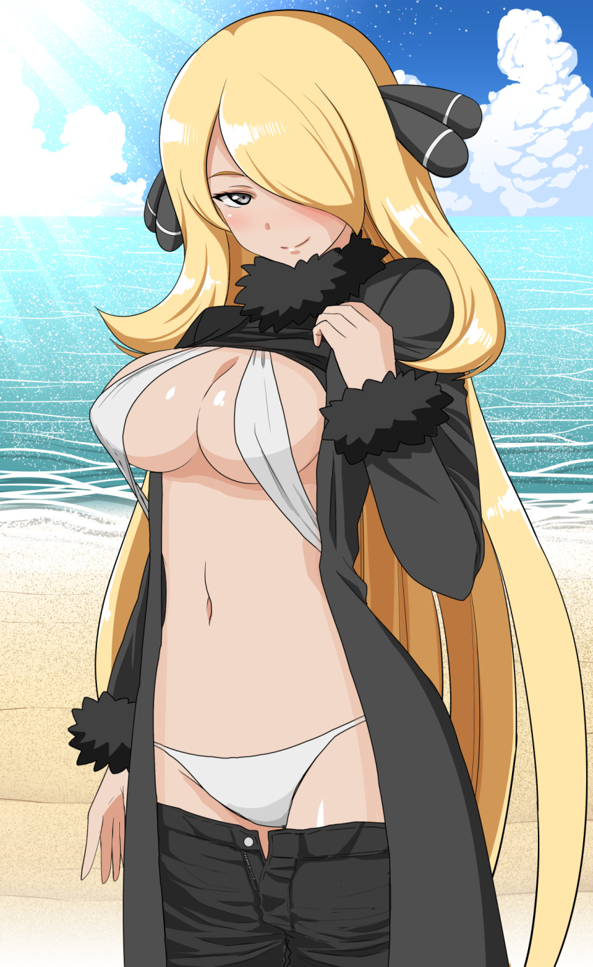 1girl beach bikini bikini_under_clothes black_coat black_eyes black_pants blonde_hair blush breasts cleavage closed_mouth cloud coat commentary_request cowboy_shot error fur-trimmed_sleeves fur_collar fur_trim hair_ornament hair_over_one_eye highres horizon kayama_kenji large_breasts light_rays long_hair long_sleeves looking_at_viewer navel ocean open_clothes open_coat open_fly open_pants pants pokemon pokemon_(game) pokemon_dppt sand seductive_smile shirona_(pokemon) smile solo stomach straight_hair sunbeam sunlight swimsuit unzipped very_long_hair water white_bikini