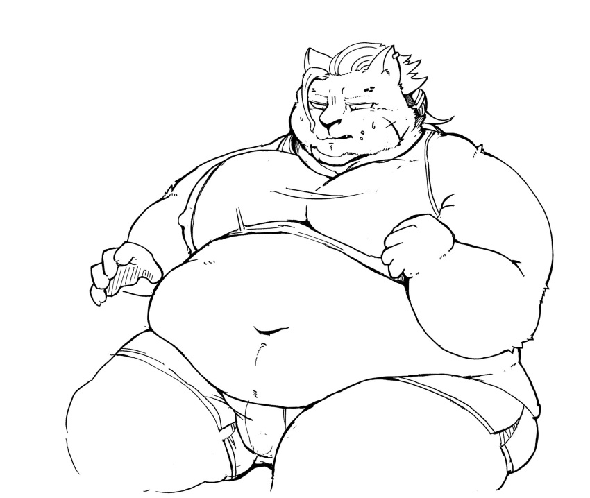 anthro aretna belly big_belly black_and_white bodily_fluids chubby_cheeks clothed clothing ear_piercing facial_scar felid fur hair hi_res male mammal midriff monochrome moobs navel obese obese_male overweight overweight_male piercing scar simple_background sitting solo sweat sweatdrop thick_thighs tight_clothing white_background