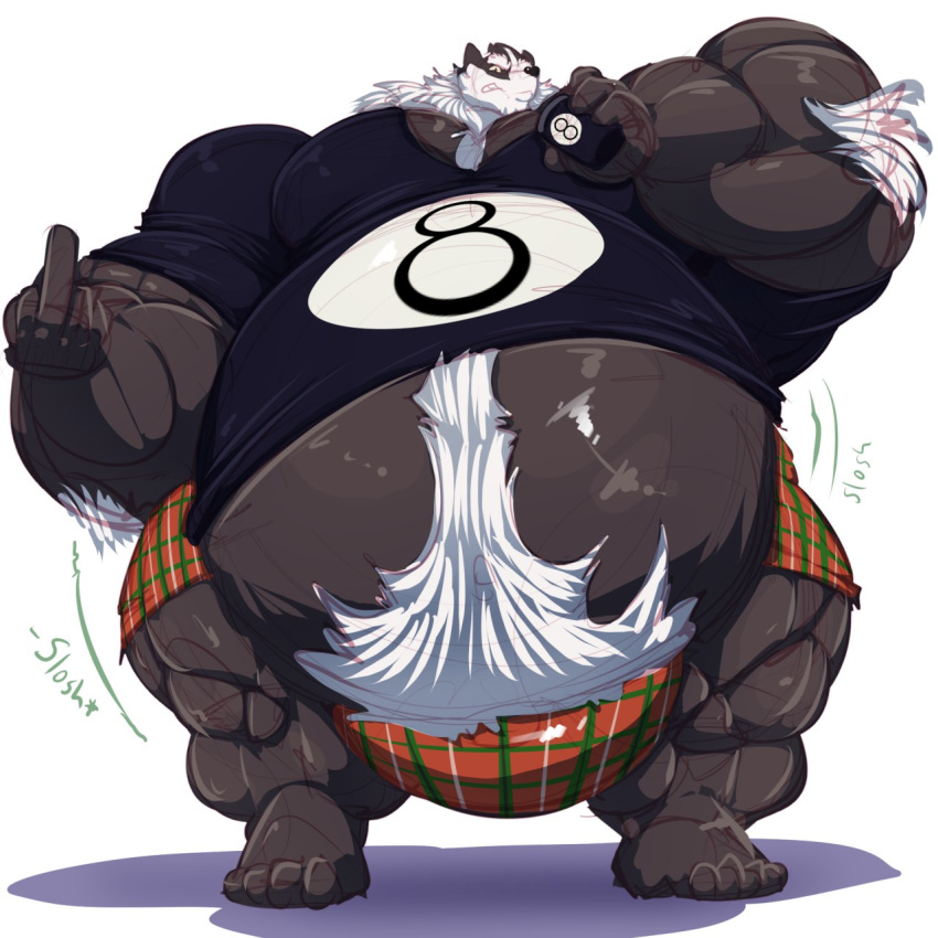 1:1 4_fingers 4_toes badger barazoku bobert bulge colored_sketch cup fingers gesture grin hi_res hyper hyper_bulge looking_at_viewer male mammal middle_finger musclegut muscular mustelid musteline simple_background sketch smile toes white_background