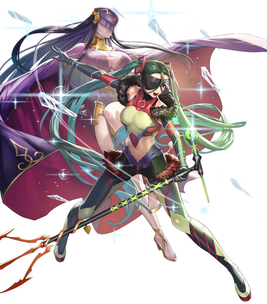 1girl black_hair boots breasts cleavage crotch_high_boots cuboon eyepatch fire_emblem fire_emblem_heroes full_body fur-trimmed_boots fur_trim gen'ei_ibunroku_sharp_fe gloves green_hair highres ice kurono_kiria long_hair microphone microphone_stand midriff navel official_art open_mouth red_eyes sparkle teeth tharja thigh_boots thighhighs transparent_background twintails veil