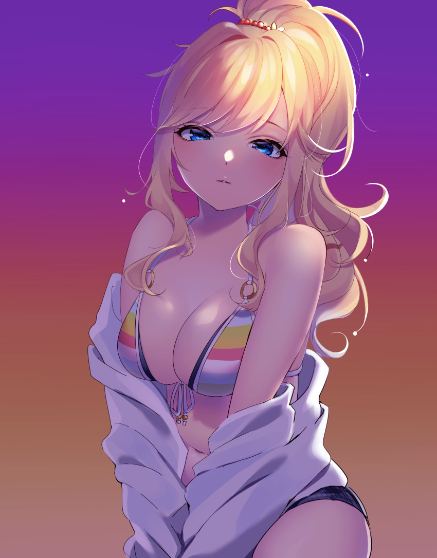 1girl 38cm absurdres bangs bare_shoulders blonde_hair blue_eyes breasts cleavage commentary_request eyebrows_visible_through_hair green_bikini_top grey_jacket hair_ornament highres idolmaster idolmaster_cinderella_girls idolmaster_cinderella_girls_starlight_stage jacket large_breasts long_hair looking_at_viewer navel off-shoulder_jacket ootsuki_yui ponytail red_bikini_top short_shorts shorts smile solo swimsuit wavy_hair white_bikini_top yellow_bikini_top