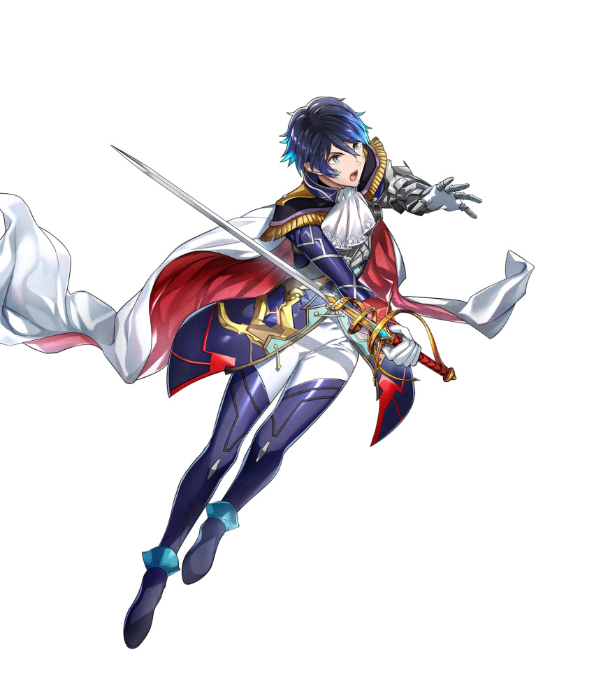 1boy aoi_itsuki armored_boots blue_eyes blue_hair boots cape epaulettes facial_mark fire_emblem fire_emblem_heroes full_body gen'ei_ibunroku_sharp_fe gloves highres mikurou_(nayuta) official_art open_mouth sword teeth transparent_background weapon