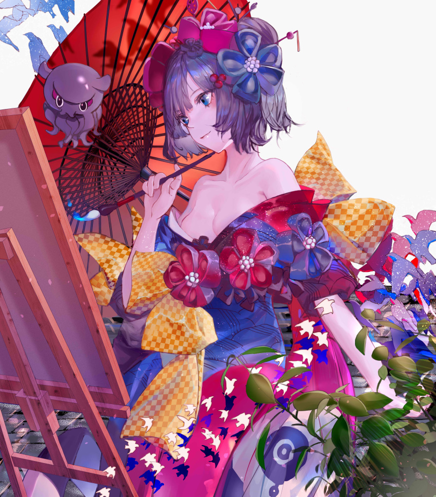 18052 1girl absurdres bangs black_hair blue_eyes breasts canvas_(object) cleavage closed_mouth commentary_request easel fate/grand_order fate_(series) flower hair_flower hair_ornament highres japanese_clothes katsushika_hokusai_(fate/grand_order) kimono light_smile medium_breasts obi octopus off-shoulder_kimono off_shoulder oriental_umbrella sash short_sleeves sidelocks standing tokitarou_(fate/grand_order) umbrella