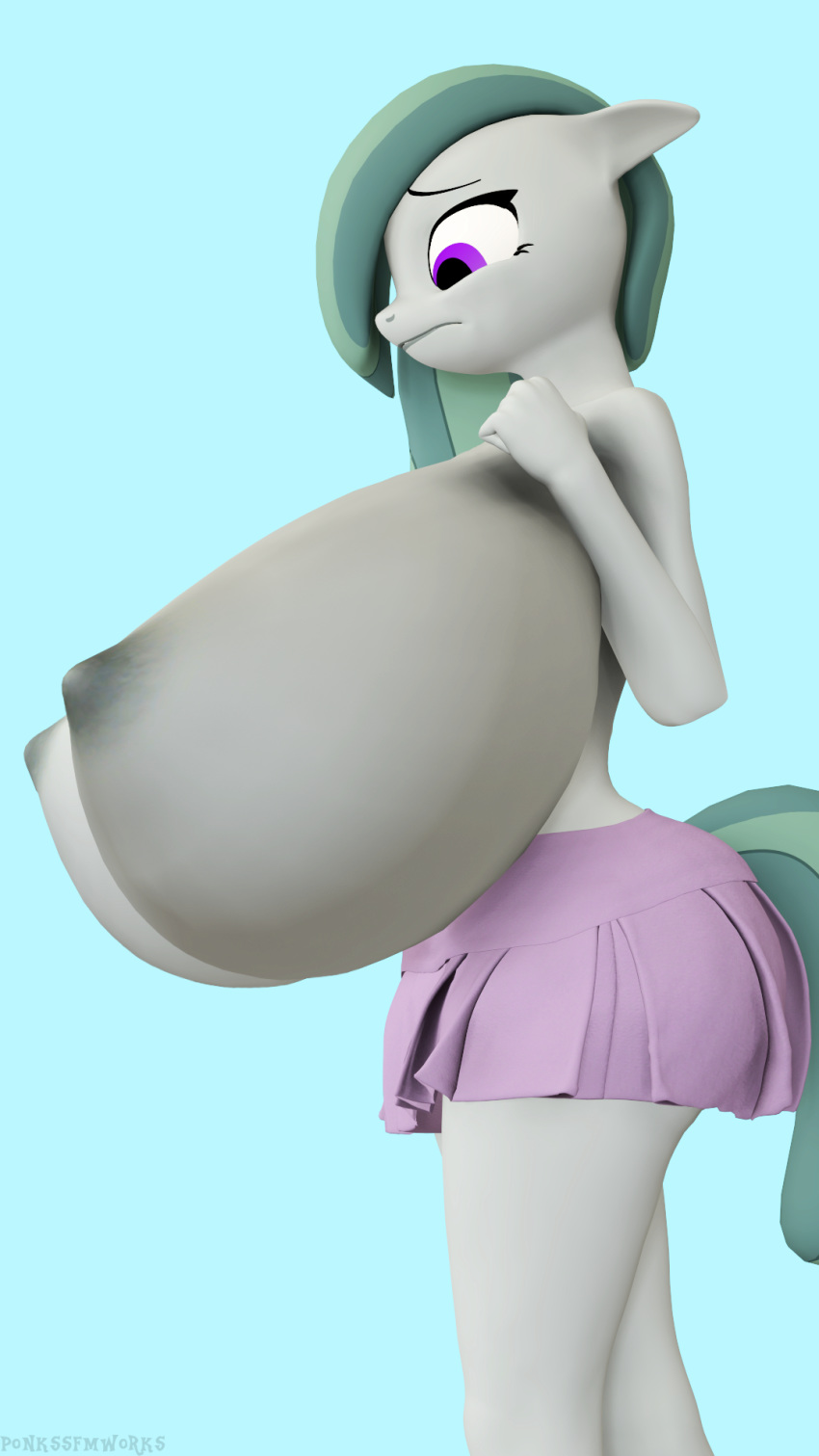 2019 3d_(artwork) 9:16 anthro big_breasts blue_eyes bottomwear breasts clothed clothing digital_media_(artwork) earth_pony embarrassed equid equine female friendship_is_magic grey_body hi_res horse huge_breasts hyper hyper_breasts looking_down mammal marble_pie_(mlp) miniskirt my_little_pony nipples pinkierawr pleated_skirt pony side_boob simple_background skirt solo topless white_background