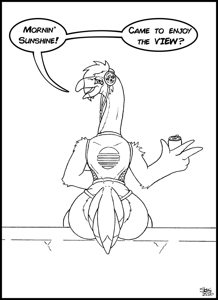 avian beak beau_(skianous) beverage big_butt bird butt can dialogue english_text flamingo girly headphones hi_res line_art long_neck looking_at_viewer male rear_view sitting skianous talking_to_viewer text tong