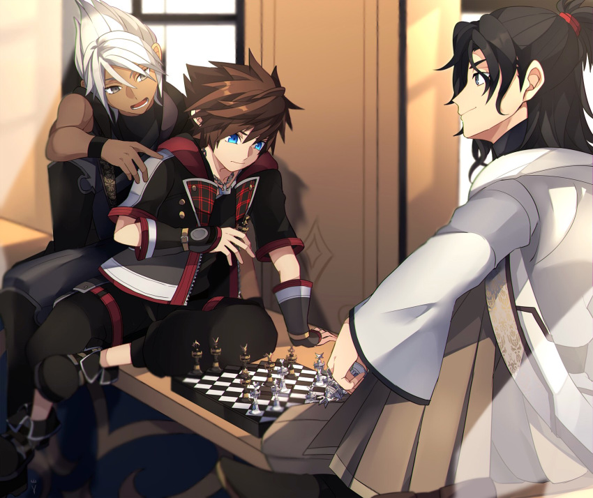 3boys black_footwear black_hair black_pants board_game brown_hair chess chess_piece chessboard dark_skin dark_skinned_male highres kingdom_hearts kingdom_hearts_iii male_focus master_eraqus multiple_boys pants plaid playing_games sora_(kingdom_hearts) time_paradox topknot white_hair window xehanort younger