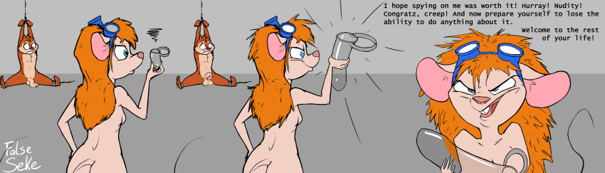 absurd_res anthro balls bdsm bondage bound breasts butt chastity_device chip_'n_dale_rescue_rangers dale_(disney) dialogue disney duo english_text eyewear falseseke female flaccid gadget_hackwrench genitals goggles hi_res humanoid_penis male mammal mouse murid murine penis rodent sequence signature text