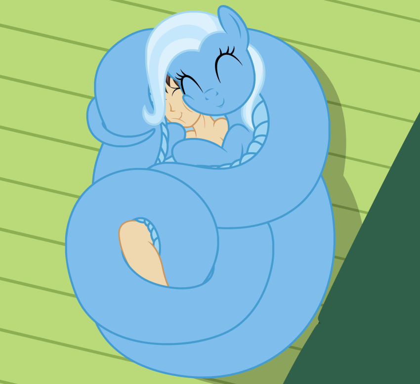 badumsquish coiling cuddling eyes_closed female friendship_is_magic generic_messy_hair_anime_anon hi_res hug human lamia male mammal my_little_pony nude reptile scalie serpentine snake trixie_(mlp)