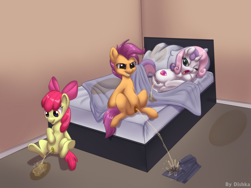 2019 4:3 animal_genitalia animal_pussy anus apple_bloom_(mlp) bed bedding bedroom bedwetting blanket blue_hair bodily_fluids clitoris cub cutie_mark_crusaders_(mlp) dishka earth_pony equid equine equine_pussy female feral friendship_is_magic furniture genital_fluids genitals grin group hair horn horse inside lying mammal my_little_pony nude on_side one_eye_closed open_mouth orange_body peeing pillow pink_hair pony pussy red_hair scootaloo_(mlp) sitting smile sweetie_belle_(mlp) unicorn urine urine_pool watersports wetting white_body yellow_body young