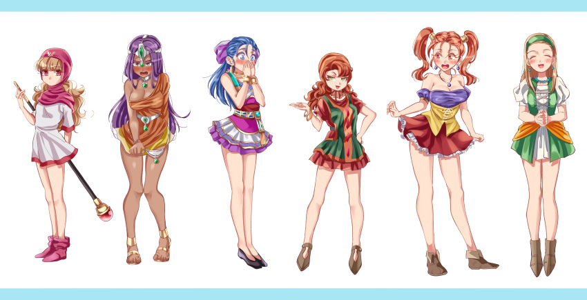 absurdres blue_hair breasts cleavage closed_mouth commentary_request dragon_quest dragon_quest_ii dragon_quest_iv dragon_quest_v dragon_quest_vii dragon_quest_viii dragon_quest_xi dress feet flora highres jessica_albert jewelry legs long_hair maribel_(dq7) minea multiple_girls necklace princess_of_moonbrook senya_(dq11) staff weapon