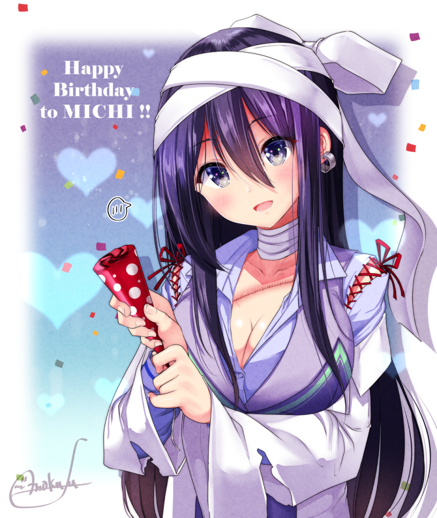 1girl :d bandaged_neck bandages bangs blush bow breasts cleavage collarbone collared_shirt commentary_request confetti earrings eyebrows_visible_through_hair hair_between_eyes head_tilt highres holding ice_cream_mad_labo jacket jewelry labcoat large_breasts long_hair mokufuu open_clothes open_mouth party_popper purple_eyes purple_hair purple_jacket purple_shirt seika_michi shirt signature smile solo spoken_blush stitches torn_clothes upper_body very_long_hair virtual_youtuber white_bow