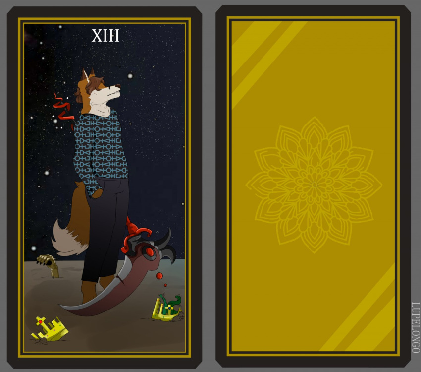 canid canine card clothed clothing crown desert digital_media_(artwork) fortune_telling fox hair invalid_tag male mammal melee_weapon night outside polearm scythe simple_background sky solo standing tarot tarot_card weapon