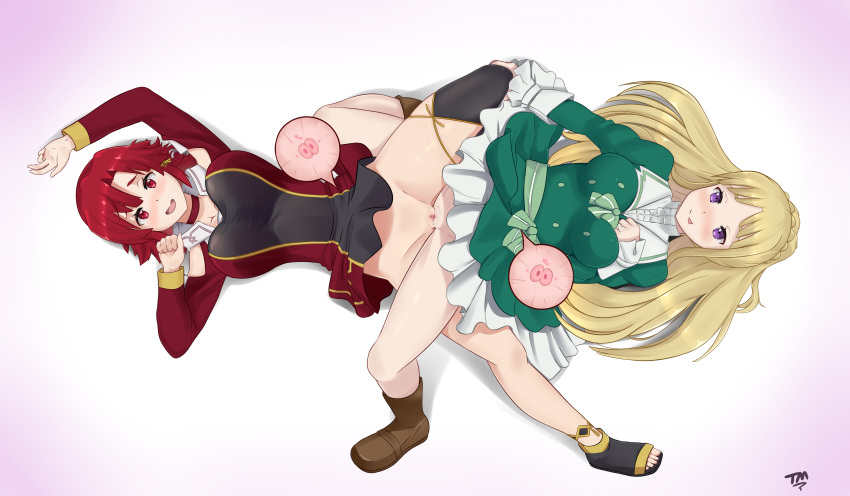 2girls :p absurdres asymmetrical_legwear bangs bare_legs bare_shoulders blonde_hair blush braid breasts cleavage cleavage_cutout clitoris collar cross-section dress eyebrows_visible_through_hair fertilization from_above green_dress hand_on_another's_leg hand_on_own_chest heart highres impregnation izetta jewelry large_breasts long_hair long_sleeves looking_at_viewer lying medium_breasts medium_hair multiple_girls no_panties on_back open_mouth ortfine_fredericka_von_eylstadt ovum purple_eyes pussy pussy_juice red_dress red_eyes red_hair ring sandals shoes shuumatsu_no_izetta simple_background spread_legs taylormoon thighs tongue tongue_out tribadism two-tone_background uncensored wedding_ring wife_and_wife yuri