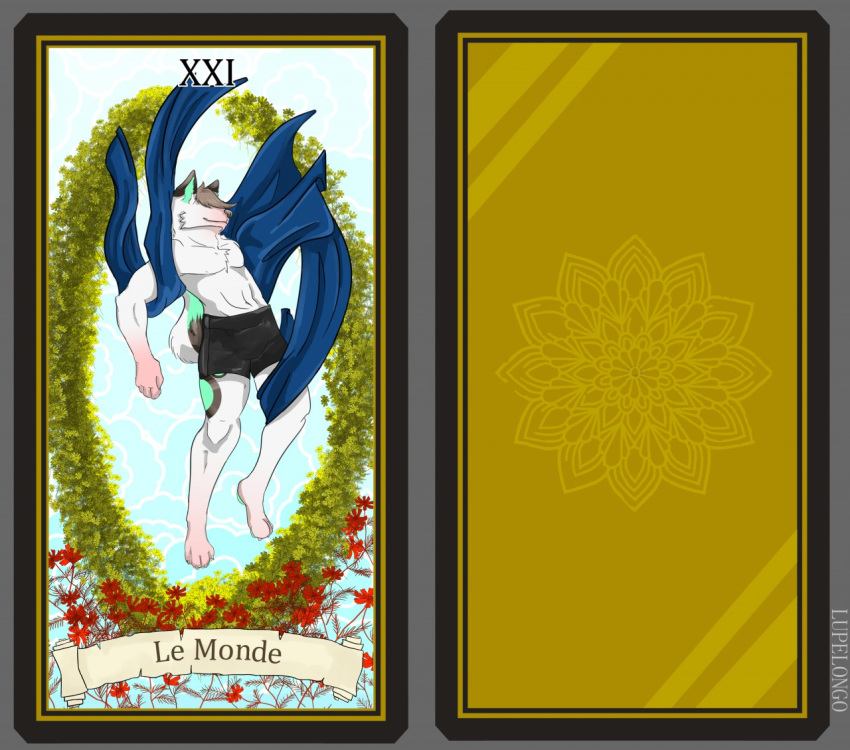 angelical card clothing floating flower flying fortune_telling hair male mammal outside plant simple_background sky solo tarot tarot_card tissue underwear