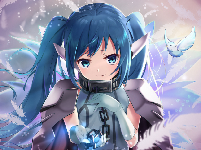 1girl bangs blue_eyes blue_hair braid cape chain closed_mouth feathers floating_hair gloves grey_cape long_hair looking_at_viewer nymph_(sora_no_otoshimono) shiny shiny_hair sleeveless smile solo sora_no_otoshimono tagame_(tagamecat) transparent_wings twintails upper_body very_long_hair white_gloves