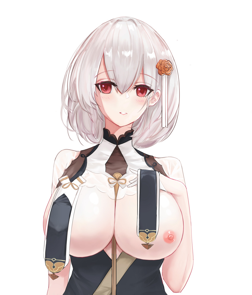1girl absurdres artist_request azur_lane blush breasts breasts_outside flower hair_between_eyes hair_flower hair_ornament hand_on_own_chest highres large_breasts nipples pale_skin red_eyes short_hair simple_background sirius_(azur_lane) solo upper_body white_background white_hair