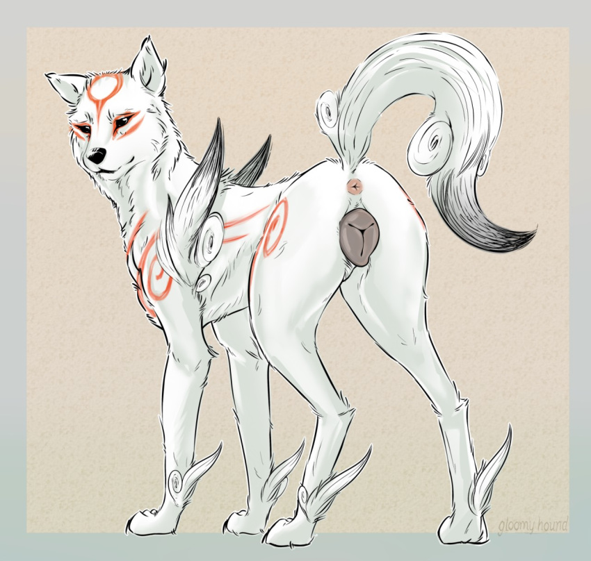 amaterasu anatomically_correct anatomically_correct_anus anatomically_correct_genitalia anatomically_correct_pussy animal_anus animal_genitalia animal_pussy animal_tail anus black_eyes butt canid canine canine_pussy canis capcom deity female feral fur genitals gloomy_hound hi_res in_heat looking_at_viewer looking_back mammal presenting presenting_anus presenting_hindquarters presenting_pussy pussy rear_view simple_background solo video_games white_body white_fur wolf ōkami