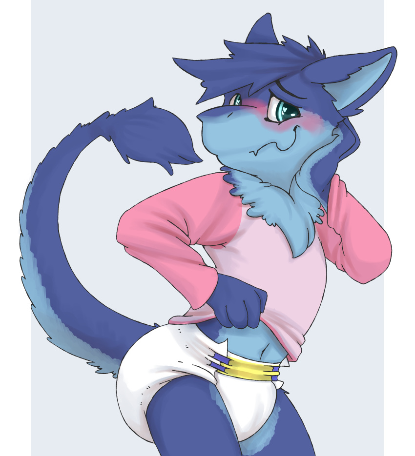 &lt;3 &lt;3_eyes absurd_res anthro blush clothing diaper embarrassed harzipan hi_res kuuneho looking_at_viewer male sergal shirt smile solo topwear