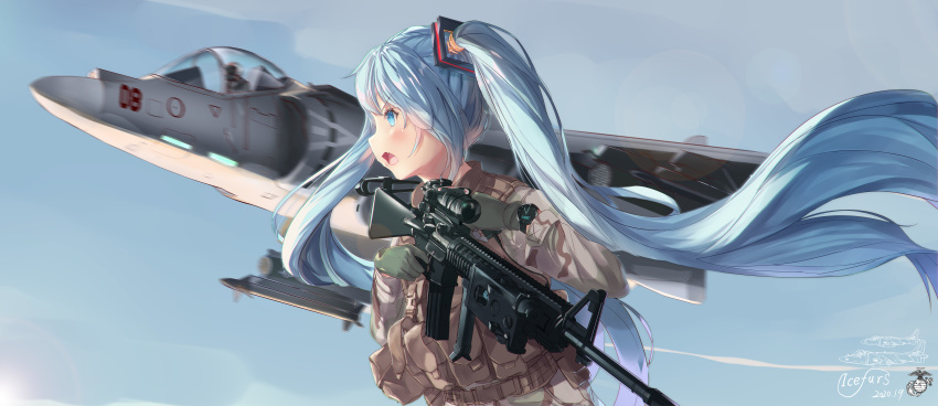 1girl absurdres aircraft airplane artist_name assault_rifle blue_eyes blue_hair dated fang fighter_jet gloves gun hatsune_miku highres icefurs jet load_bearing_vest long_hair m16 military military_operator military_vehicle open_mouth outdoors rifle sky twintails very_long_hair vocaloid watch weapon wristwatch