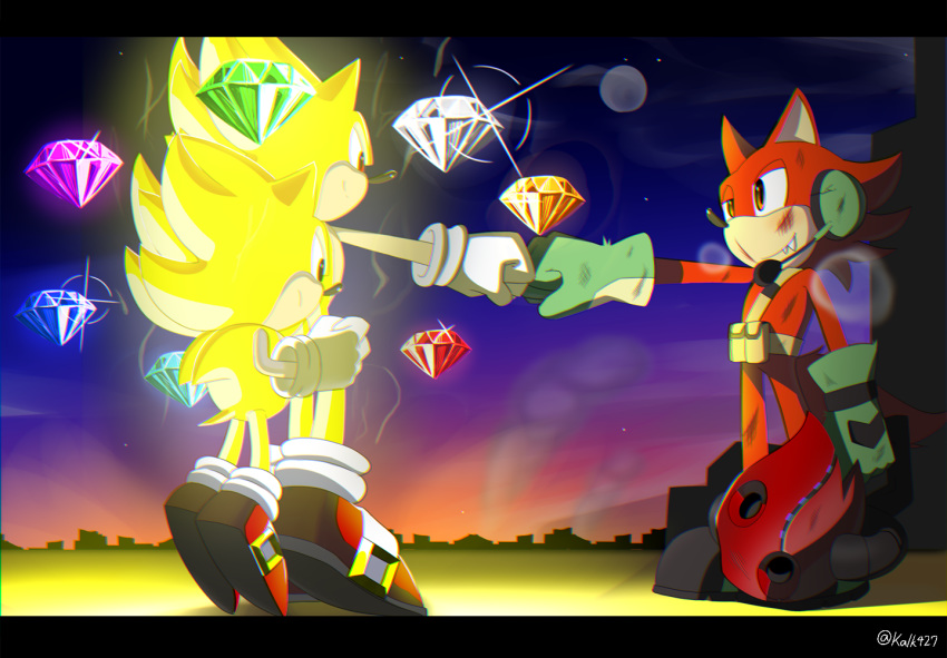 2017 anthro big_eyes big_head black_body black_fur black_nose canid canine canis chaos_emerald classic_sonic classic_sonic_(universe) clothing custom_character_(sonic_forces) eulipotyphlan fist_bump footwear fur gem gesture gloves glowing group handwear hedgehog kalk427 male mammal outside red_body red_eyes red_fur sharp_teeth shoes sonic_forces sonic_the_hedgehog sonic_the_hedgehog_(series) super_sonic teeth toony video_games weapon wispon wolf wounded yellow_body yellow_eyes yellow_fur