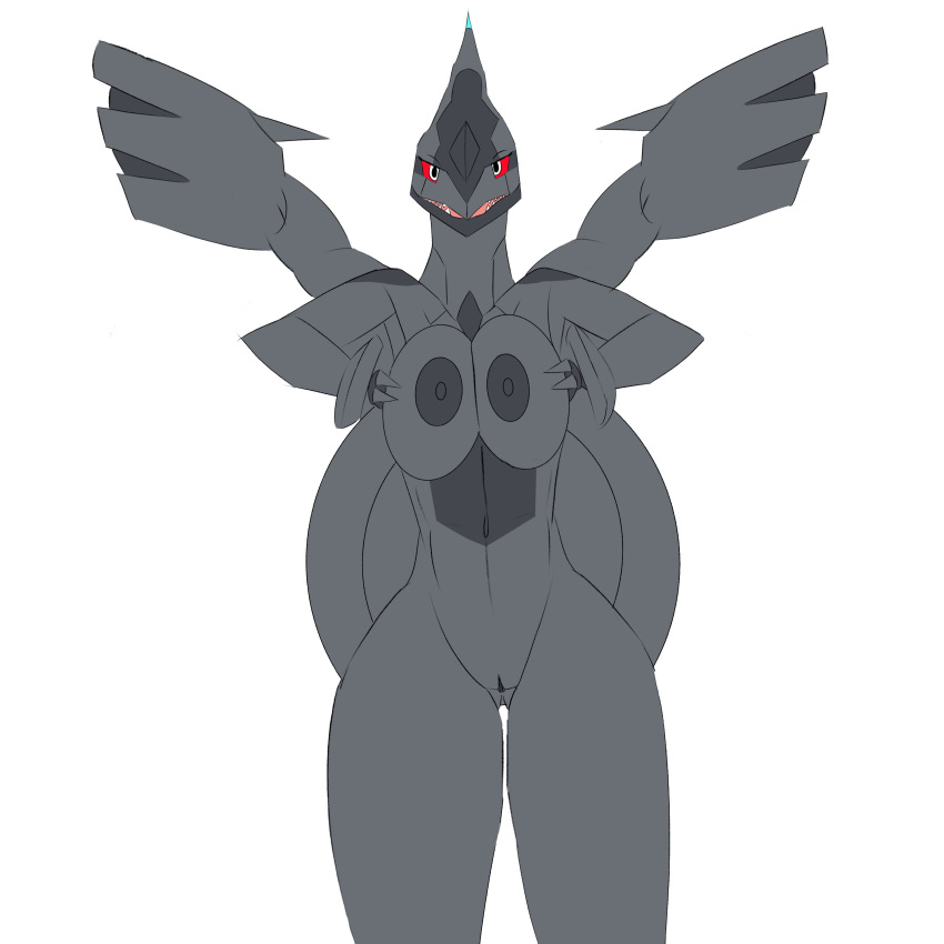 1:1 absurd_res anthro breast_squish breasts dark_nipples dragon female genitals hi_res horn legendary_pok&eacute;mon looking_at_viewer nintendo nude pok&eacute;mon pok&eacute;mon_(species) pussy solo squish teeth thedeadtimezone video_games wings zekrom