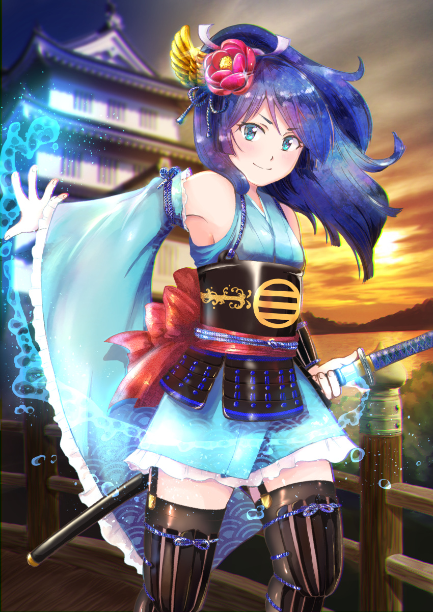 1girl absurdres architecture armor black_legwear blue_eyes blue_hair blurry blurry_background bridge east_asian_architecture flat_chest flower garter_straps glint hair_flower hair_ornament highres huge_filesize japanese_armor katana long_hair outdoors schwinn57 sengoku_fubu sheath smile solo standing sunset sword water weapon wide_sleeves