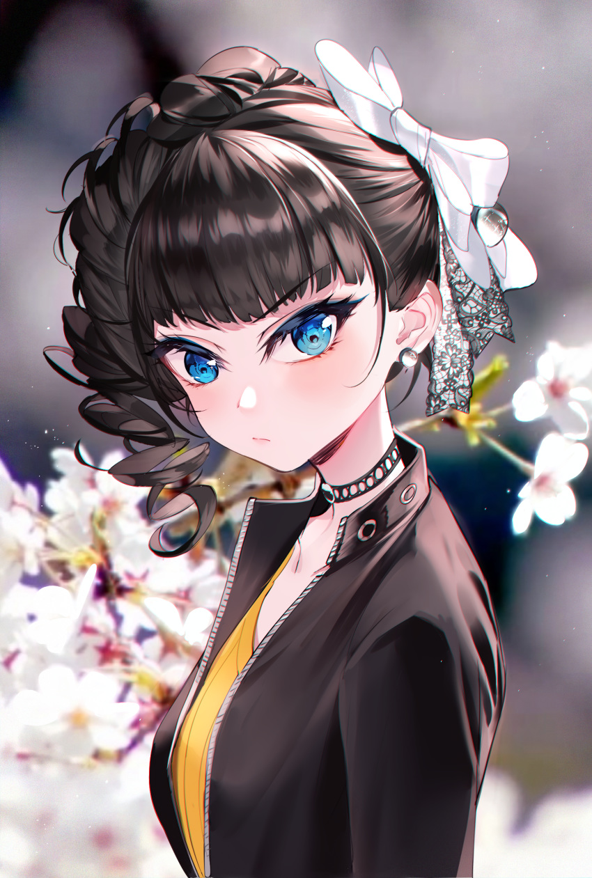 1girl absurdres bangs baocaizi black_hair black_jacket blue_eyes blurry blurry_background blush bow check_character closed_mouth collarbone depth_of_field drill_hair earrings eyelashes flower from_side hair_bow highres jacket jewelry looking_at_viewer looking_to_the_side mitsurugi_saki open_clothes open_jacket shirt side_ponytail solo ultraman_r/b upper_body v-shaped_eyebrows white_bow white_flower yellow_shirt