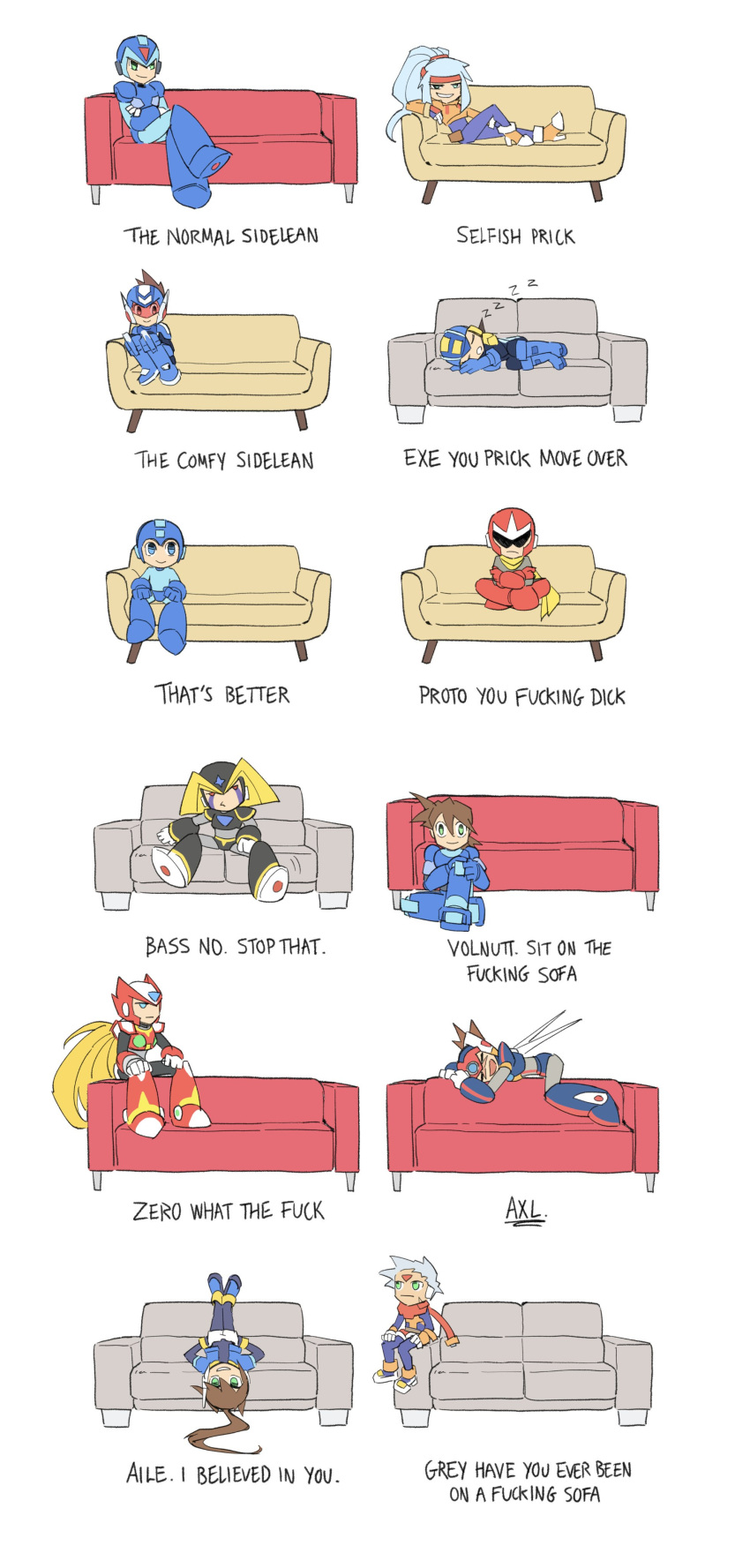 2girls 6+boys absurdres aile android ashe_(rockman) axl blue_eyes blues_(rockman) couch crossed_legs english_commentary english_text forte_(rockman) frown green_eyes grey_(rockman) grin highres hoshikawa_subaru_(rockman) indian_style jitome lying multiple_boys multiple_girls norue6 ponytail profanity red_eyes rock_volnutt rockman rockman_(character) rockman_(classic) rockman_dash rockman_exe rockman_exe_(character) rockman_x rockman_zx rockman_zx_advent ryuusei_no_rockman simple_background sitting sleeping smile upside-down white_background x_(rockman) zero_(rockman) zzz