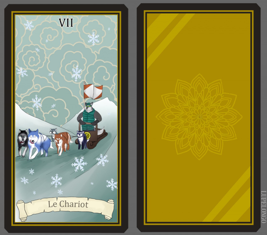 canid canine canis card digital_media_(artwork) domestic_dog feral fortune_telling husky lupelongo male mammal nordic_sled_dog outside sky sledge snow spitz tarot tarot_card