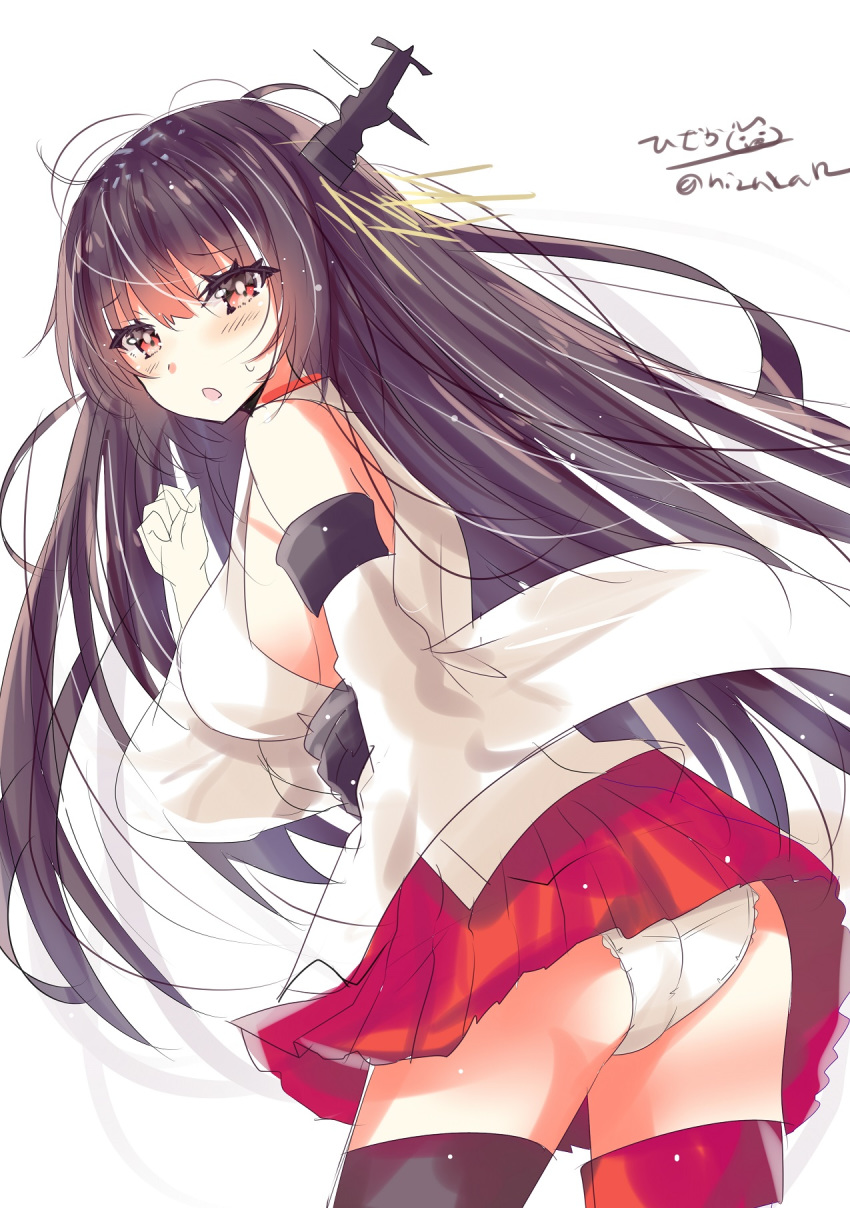 1girl bare_shoulders black_hair blush breasts detached_sleeves epaulettes eyebrows_visible_through_hair fusou_(kantai_collection) hair_between_eyes hair_ornament highres hizaka japanese_clothes kantai_collection large_breasts long_hair looking_at_viewer nontraditional_miko panties pantyshot red_eyes red_skirt school_uniform simple_background skirt solo twitter_username underwear white_background white_panties