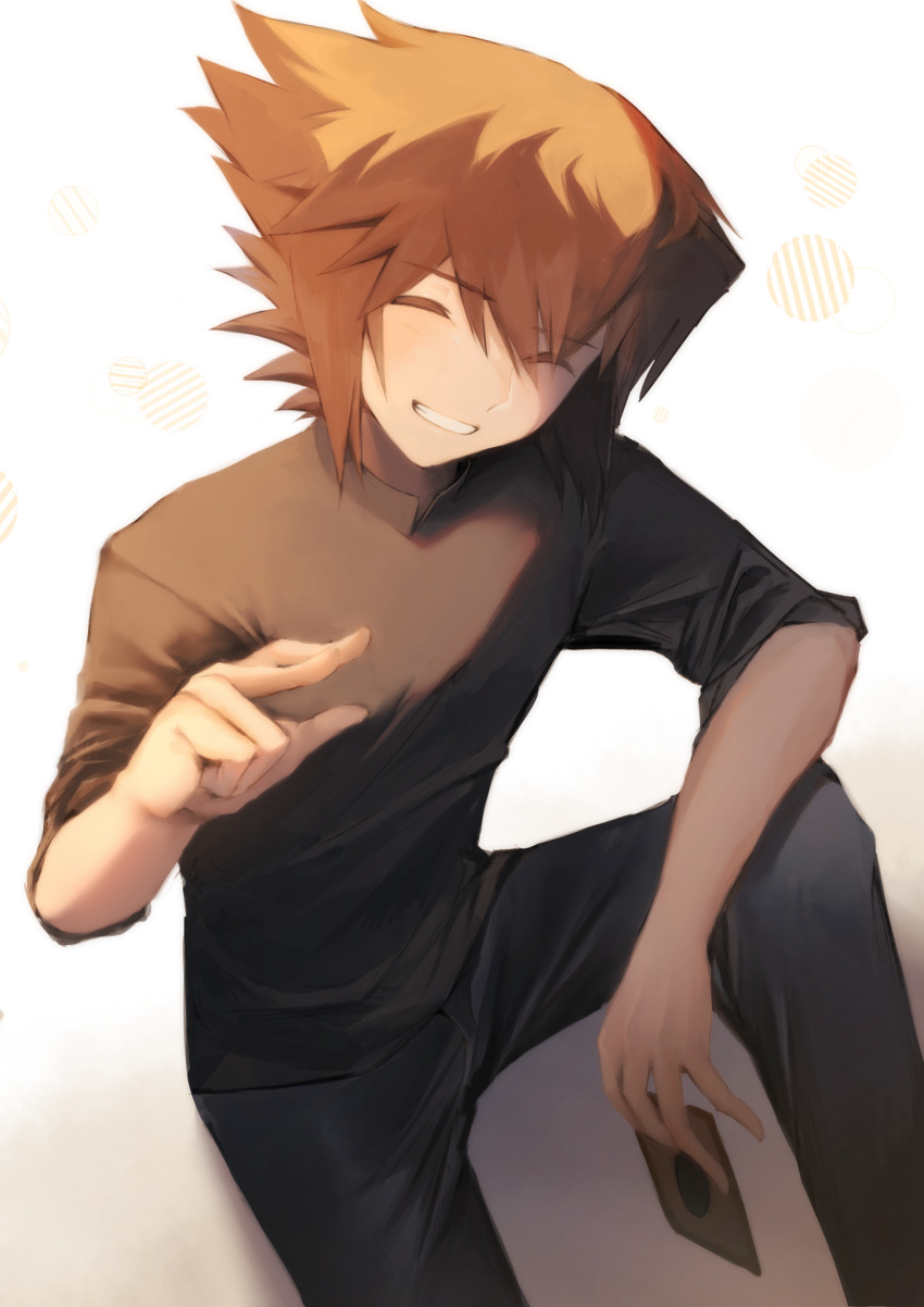 1boy bangs black_pants black_shirt blonde_hair brown_hair card closed_eyes eyebrows_visible_through_hair facing_viewer grin hair_between_eyes highres holding holding_card lushuao male_focus multicolored_hair pants shirt simple_background sitting sleeves_rolled_up smile solo two-tone_hair white_background yuu-gi-ou yuu-gi-ou_gx yuuki_juudai