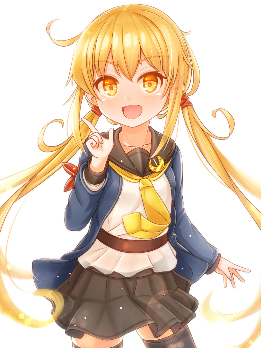 1girl absurdres bangs black_legwear black_skirt blonde_hair blush crescent crescent_moon_pin eyebrows_visible_through_hair highres index_finger_raised kantai_collection long_hair long_sleeves open_mouth remodel_(kantai_collection) sailor_collar satsuki_(kantai_collection) school_uniform serafuku sidelocks simple_background skirt solo suzushiro_(gripen39) thighhighs twintails white_background yellow_eyes yellow_neckwear