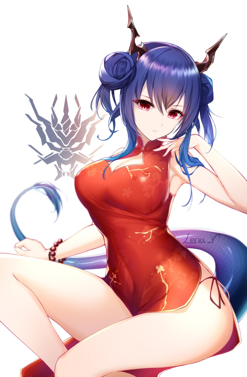 arknights armpits bare_legs blue_hair breasts ch'en_(arknights) china_dress chinese_clothes cleavage dragon dragon_girl dragon_horns dragon_tail dress highres horns large_breasts leria_v looking_at_viewer red_eyes short_hair tail