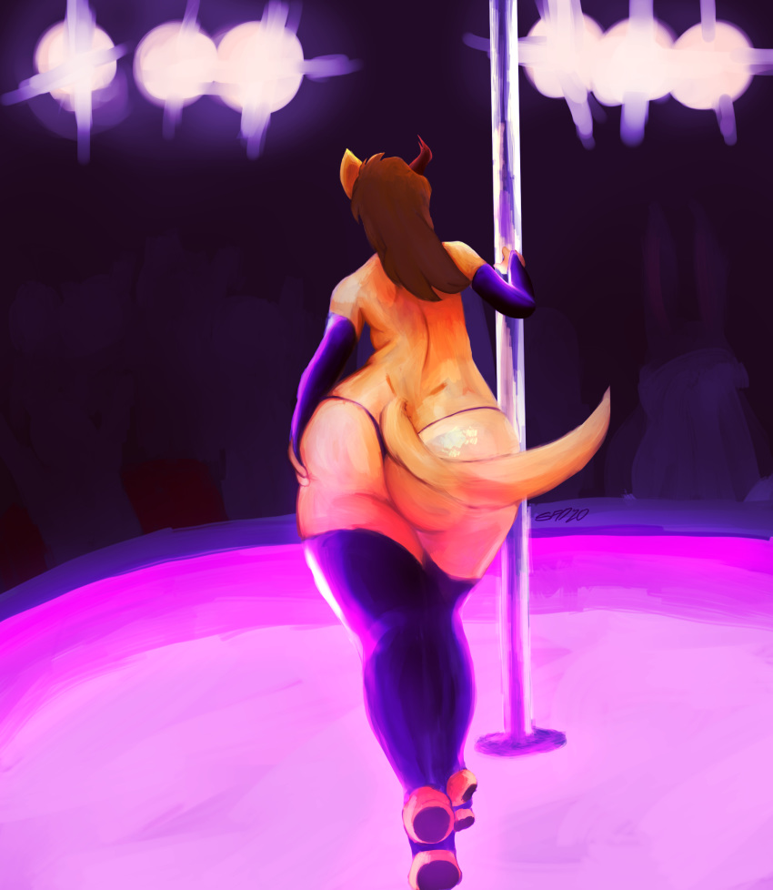 2020 ambiguous_gender anthro armwear big_butt brown_hair butt clothed clothing detailed_background domestic_cat felid feline felis fur hair hi_res horn huge_butt latex_clothing legwear mammal mitri_rukin orange_body orange_fur pole rubber shadowfirdark signature stirrup_legwear stripper_pole thick_thighs thigh_highs thong topless underwear wide_hips