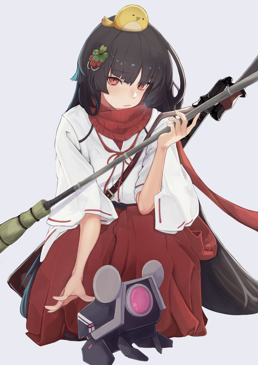 1girl absurdres animal animal_on_head bamboo_broom bangs bayonet bird bird_on_head black_hair broom dinergate_(girls_frontline) eyebrows_visible_through_hair girls_frontline gun hair_ornament hakama highres holding holding_broom japanese_clothes long_hair long_sleeves looking_at_viewer miko miyazaki-san_(mmyyzk) on_head red_eyes red_hakama red_scarf ribbon-trimmed_sleeves ribbon_trim sangvis_ferri scarf submachine_gun type_100 type_100_(girls_frontline) weapon wide_sleeves