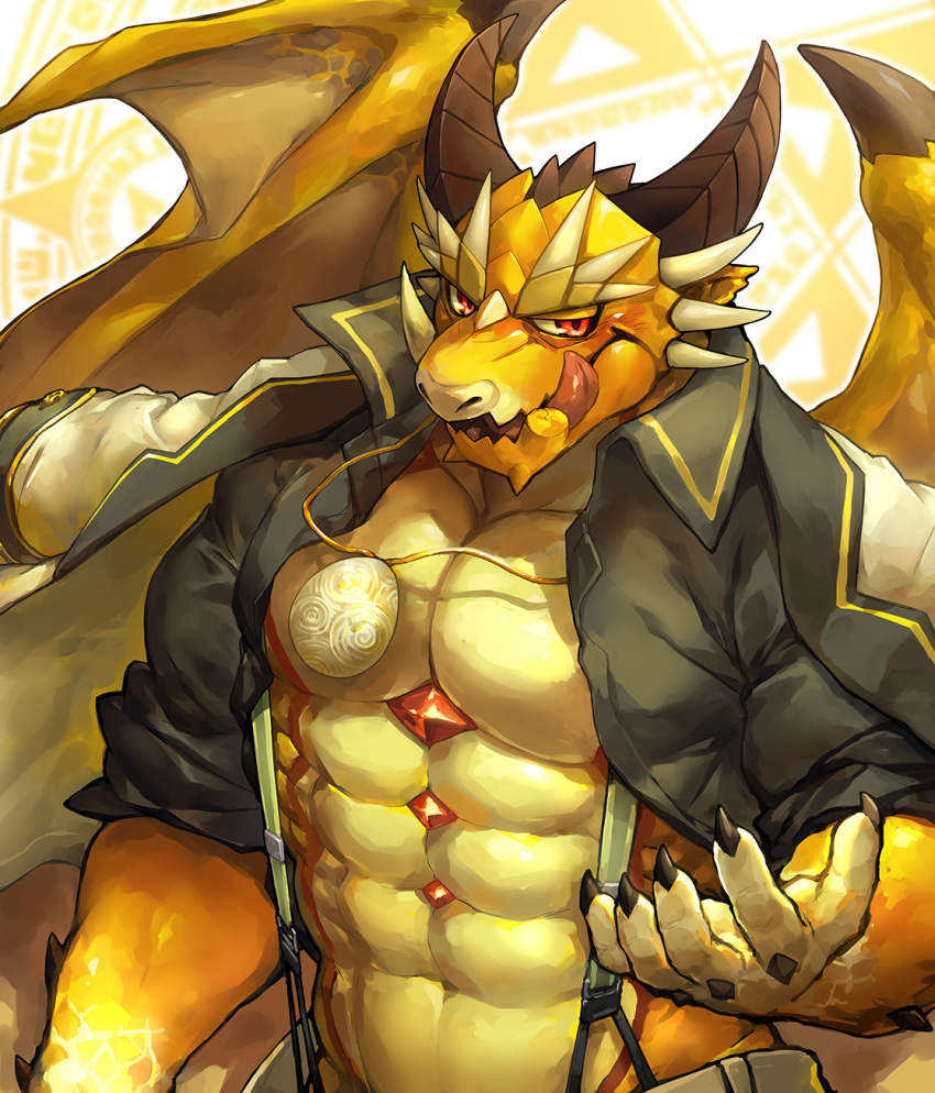 2017 5_fingers abs anthro clothed clothing coat_cape dragon fingers hi_res horn humanoid_hands male membrane_(anatomy) membranous_wings muscular muscular_male open_shirt ophion pecs rpbbw scales scalie shirt spikes suspenders tokyo_afterschool_summoners tongue tongue_out topwear tusks video_games wings yellow_body yellow_scales