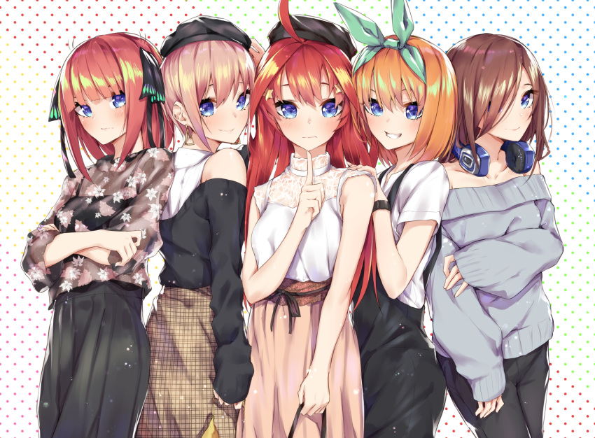 5girls ahoge bag bangs beret black_camisole black_cardigan black_headwear black_overalls black_pants black_ribbon blue_cardigan blue_eyes blunt_bangs blush breasts brown_hair brown_skirt butterfly_hair_ornament closed_mouth collarbone commentary_request cowboy_shot crossed_arms denim dotted_background eyebrows_behind_hair go-toubun_no_hanayome green_hairband green_ribbon green_skirt grin hair_between_eyes hair_intakes hair_ornament hair_over_one_eye hair_ribbon hairband hand_on_another's_shoulder hand_on_headwear hand_on_own_arm hat headphones headphones_around_neck highres holding holding_bag index_finger_raised jeans large_breasts lavender_hair long_hair long_skirt long_sleeves looking_at_viewer multicolored multicolored_background multiple_girls nail_polish nakano_ichika nakano_itsuki nakano_miku nakano_nino nakano_yotsuba off-shoulder_jacket orange_hair overalls pants pink_hair plaid plaid_skirt purple_nails quintuplets red_hair ribbon sahara386 see-through shirt short_hair short_sleeves shoulder_cutout side-by-side sidelocks skirt sleeveless sleeveless_shirt sleeves_past_wrists smile star star_hair_ornament triangle_earrings two_side_up watch white_background white_shirt wristwatch