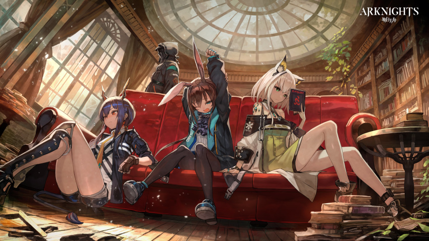 1boy 3girls absurdres amiya_(arknights) animal_ear_fluff animal_ears arknights bangs bare_shoulders black_jacket black_shorts blue_eyes blue_hair blush book bookshelf brown_hair bunny_ears ch'en_(arknights) closed_mouth copyright_name couch curtains detached_collar doctor_(arknights) dragon_horns fingerless_gloves full_body gloves green_eyes highres horns indoors jacket kal'tsit lack long_hair multiple_girls official_art one_eye_closed open_clothes open_jacket open_mouth pantyhose reading red_eyes shirt short_hair shorts sidelocks sitting sitting_on_floor stretch tail white_shirt window yawning