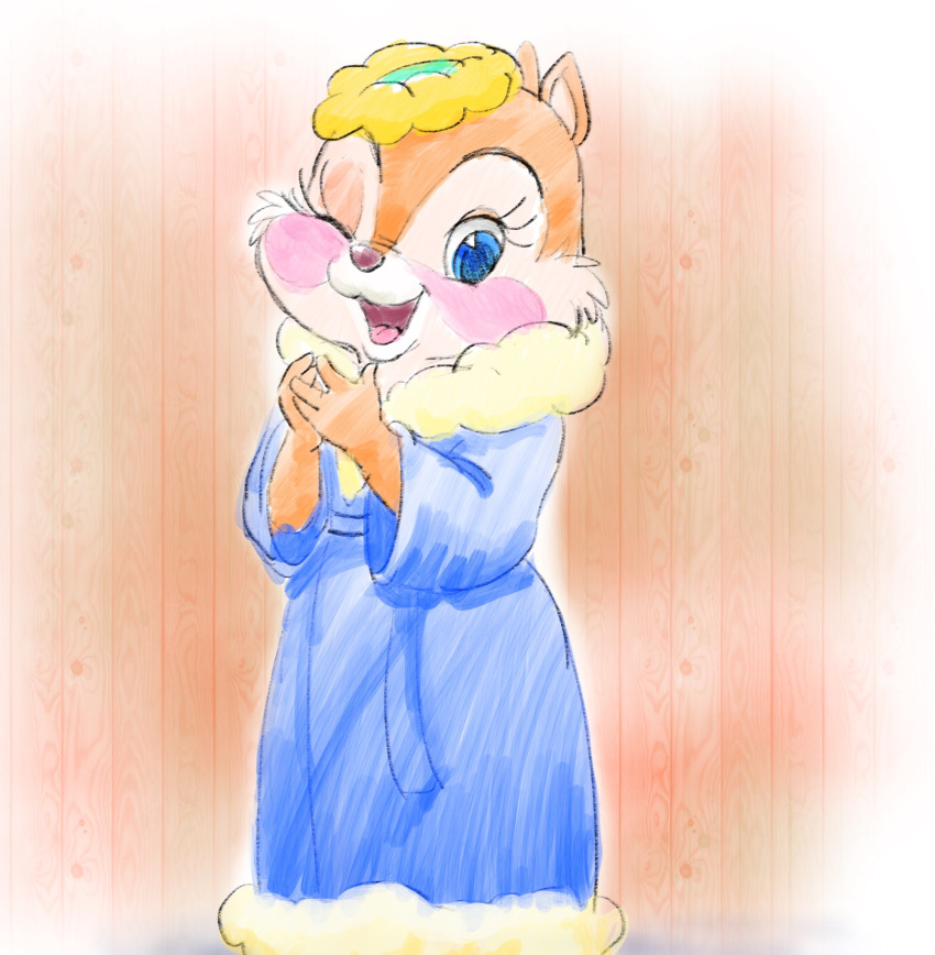 anthro blue_clothing blue_eyes blush chipmunk clarice_(disney) clothed clothing disney eyelashes female flower fur ground_squirrel headgear hi_res looking_at_viewer mammal one_eye_closed open_mouth open_smile plant red_nose robe rodent sciurid shirotarosu simple_background smile standing tan_body tan_fur wink